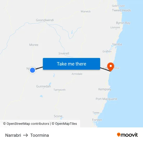 Narrabri to Toormina map