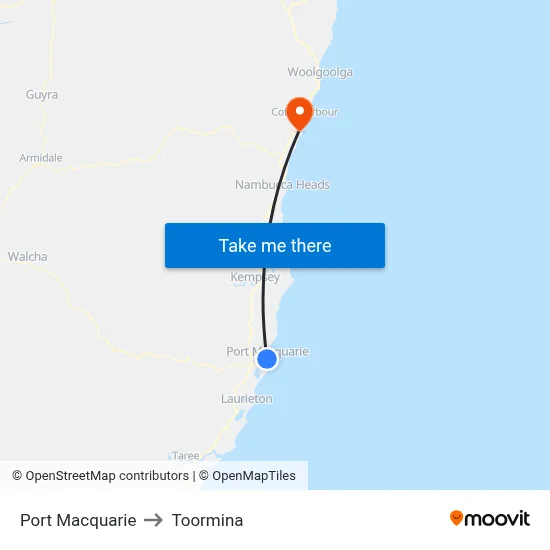 Port Macquarie to Toormina map
