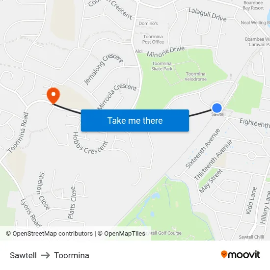 Sawtell to Toormina map
