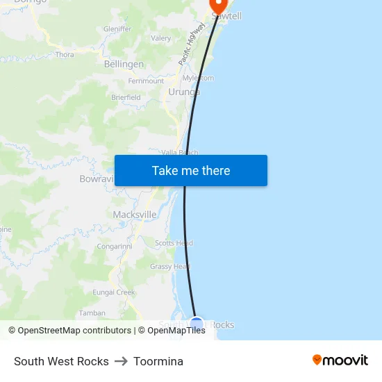 South West Rocks to Toormina map