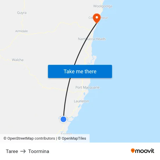 Taree to Toormina map