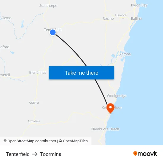 Tenterfield to Toormina map