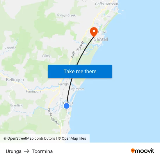 Urunga to Toormina map