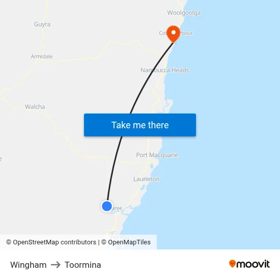 Wingham to Toormina map