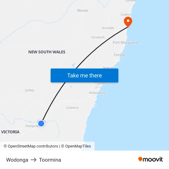 Wodonga to Toormina map