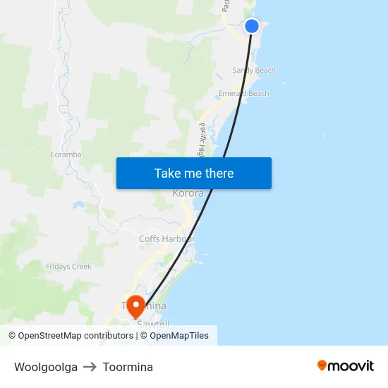 Woolgoolga to Toormina map