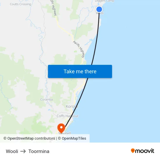 Wooli to Toormina map