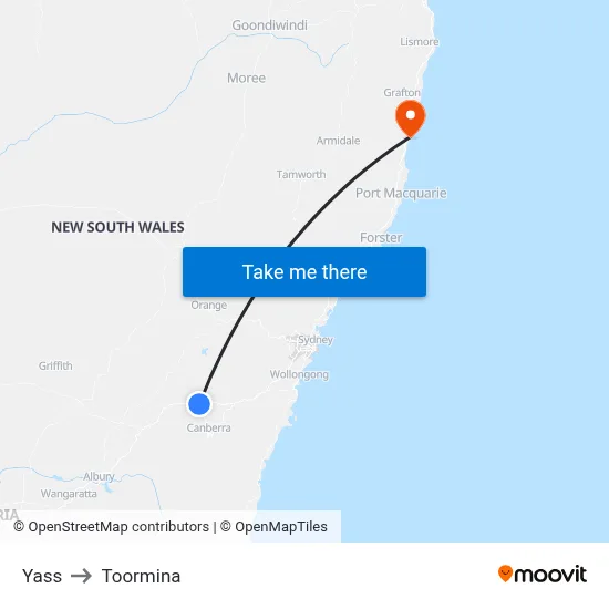 Yass to Toormina map