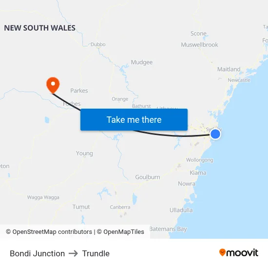 Bondi Junction to Trundle map