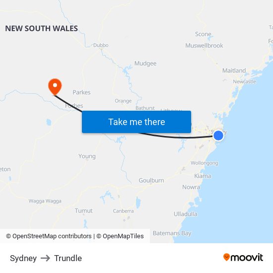 Sydney to Trundle map