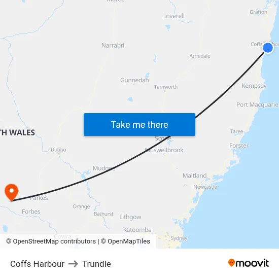 Coffs Harbour to Trundle map