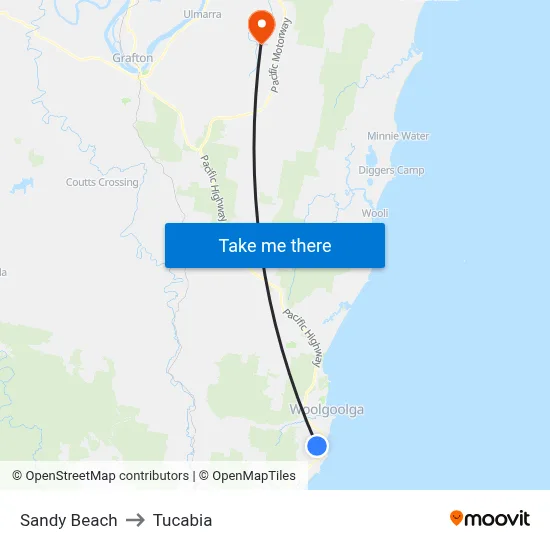 Sandy Beach to Tucabia map