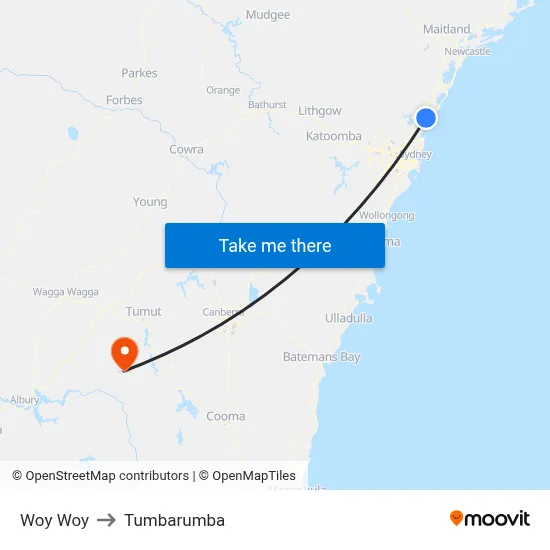 Woy Woy to Tumbarumba map