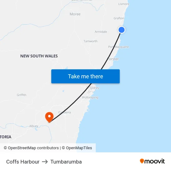 Coffs Harbour to Tumbarumba map