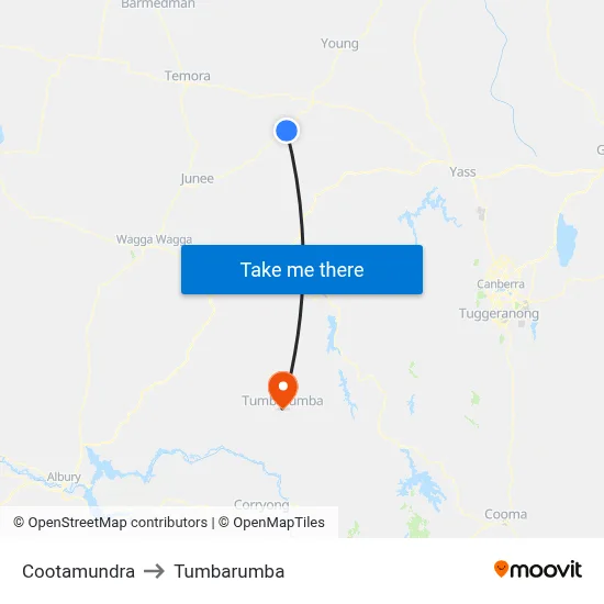 Cootamundra to Tumbarumba map