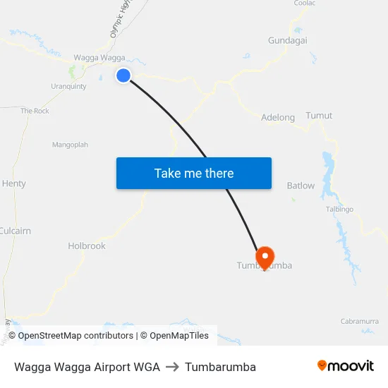 Wagga Wagga Airport WGA to Tumbarumba map