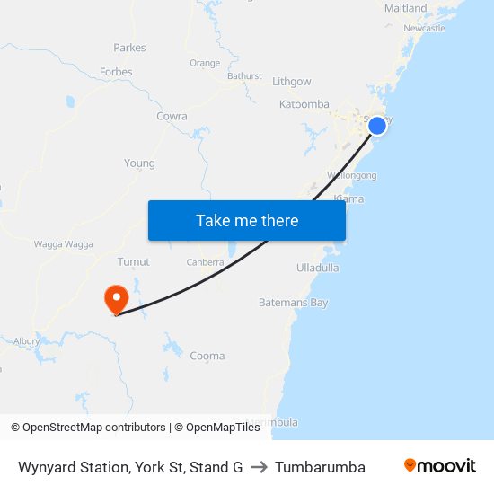 Wynyard Station, York St, Stand G to Tumbarumba map