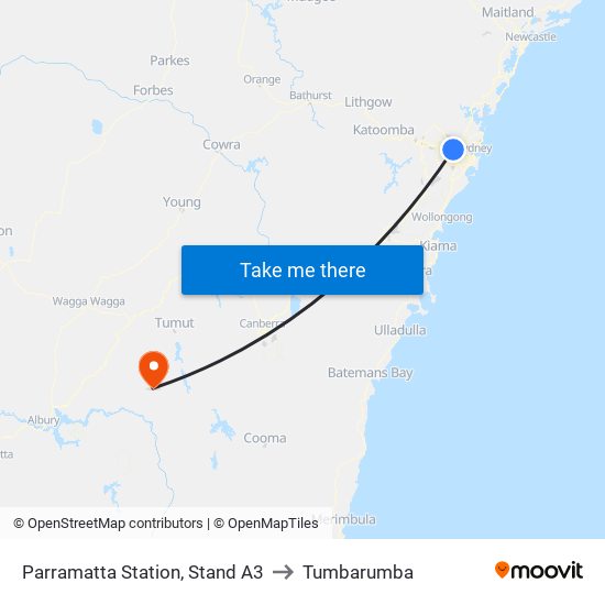 Parramatta Station, Stand A3 to Tumbarumba map