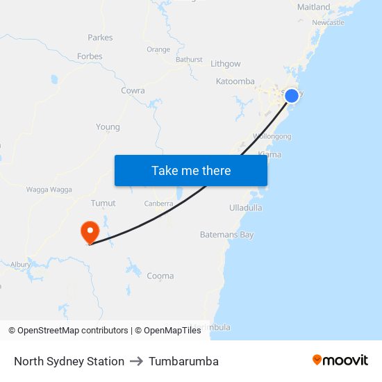 North Sydney Station to Tumbarumba map