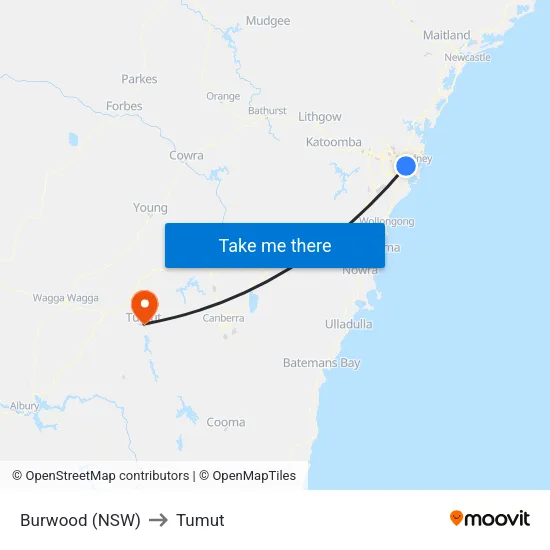 Burwood (NSW) to Tumut map