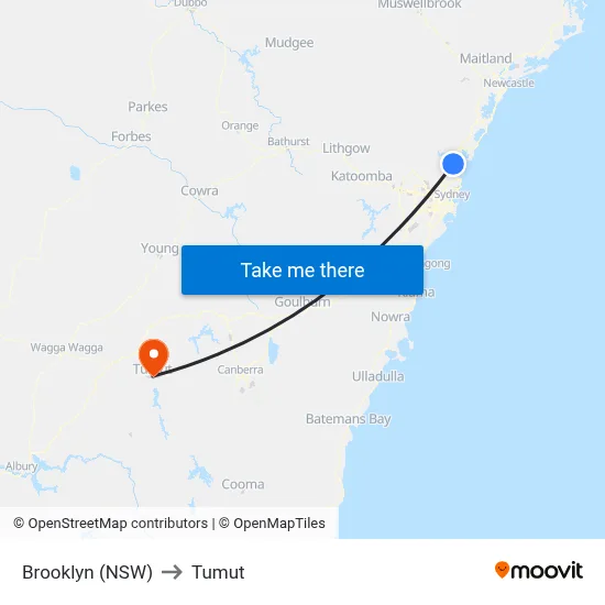 Brooklyn (NSW) to Tumut map