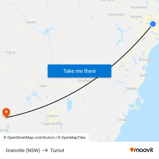 Granville (NSW) to Tumut map