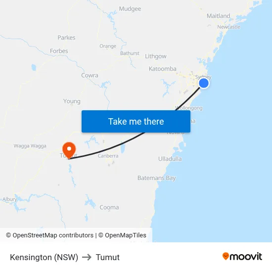 Kensington (NSW) to Tumut map