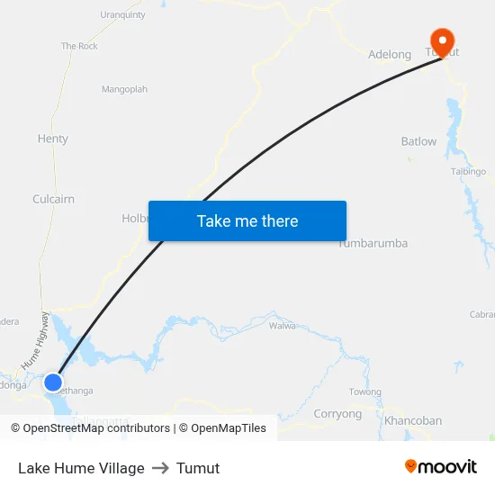 Lake Hume Village to Tumut map