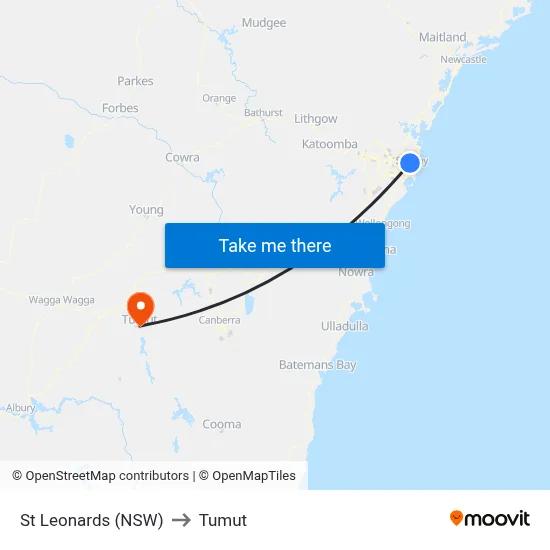 St Leonards (NSW) to Tumut map