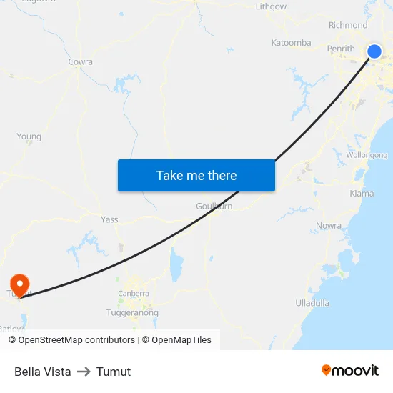 Bella Vista to Tumut map