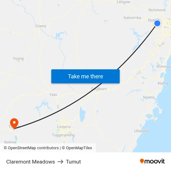Claremont Meadows to Tumut map