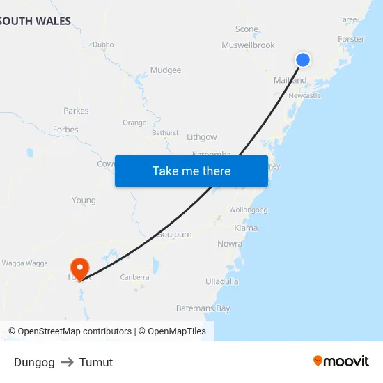 Dungog to Tumut map
