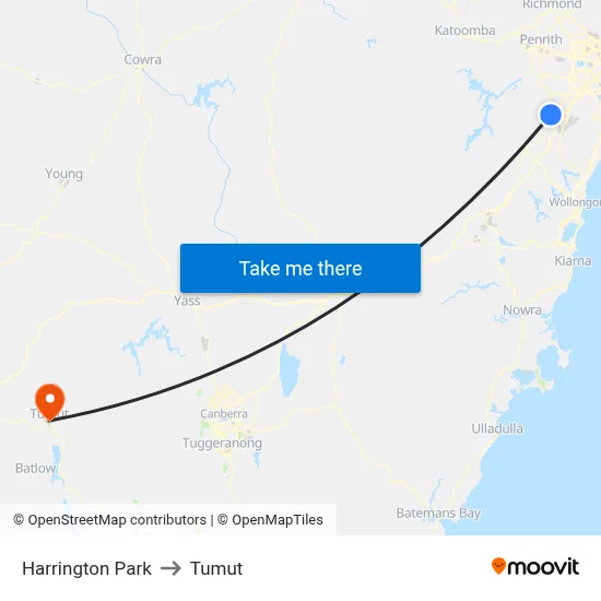 Harrington Park to Tumut map