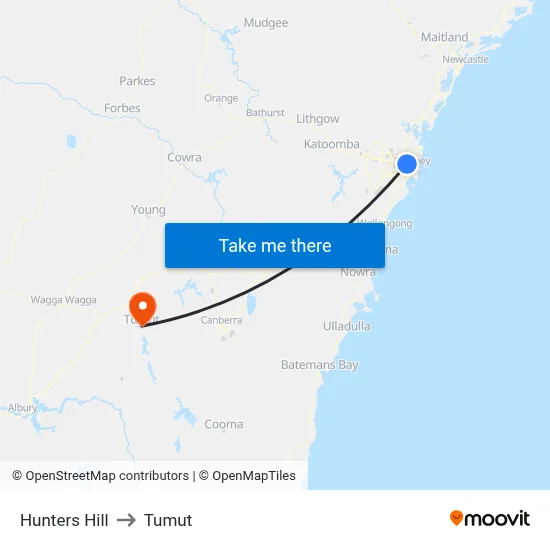 Hunters Hill to Tumut map
