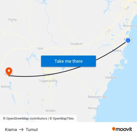 Kiama to Tumut map