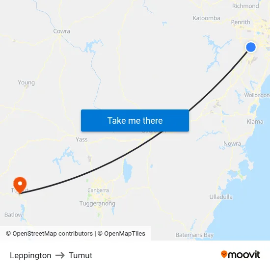 Leppington to Tumut map
