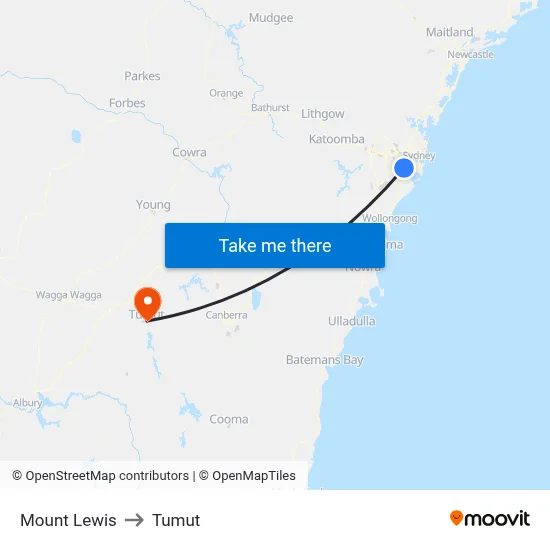 Mount Lewis to Tumut map