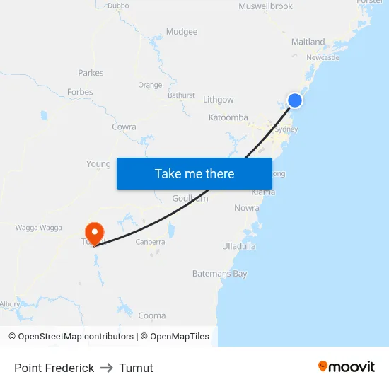 Point Frederick to Tumut map