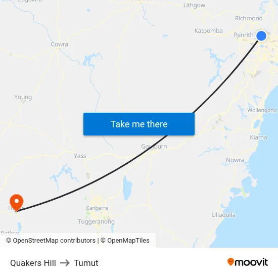 Quakers Hill to Tumut map