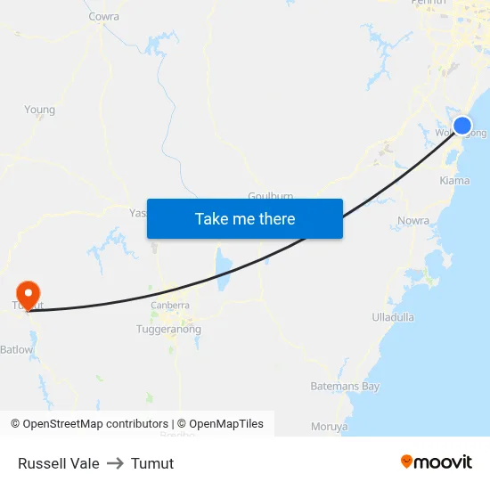 Russell Vale to Tumut map