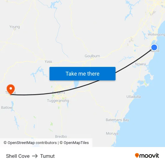 Shell Cove to Tumut map