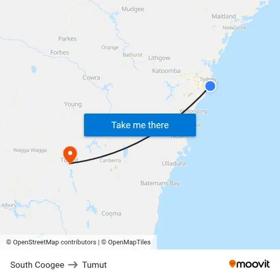 South Coogee to Tumut map