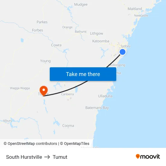South Hurstville to Tumut map