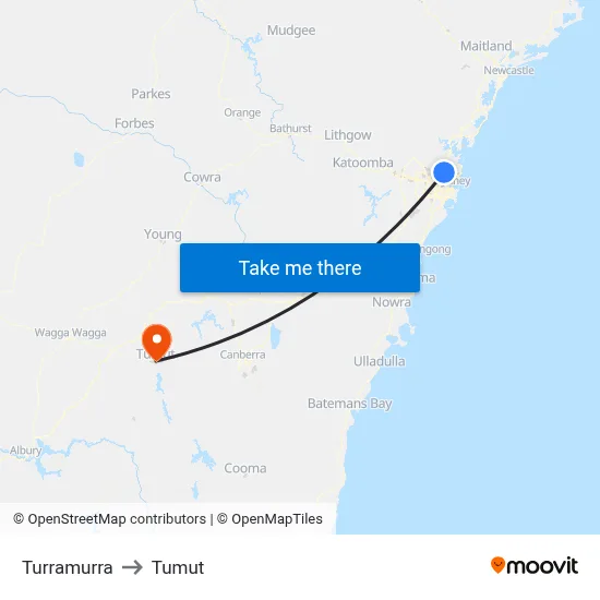 Turramurra to Tumut map
