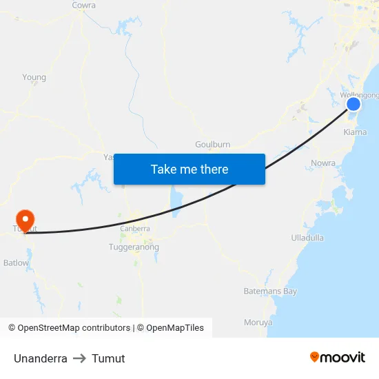 Unanderra to Tumut map