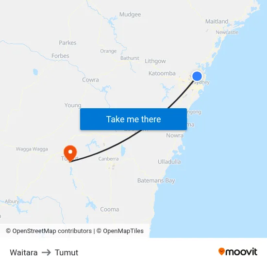 Waitara to Tumut map