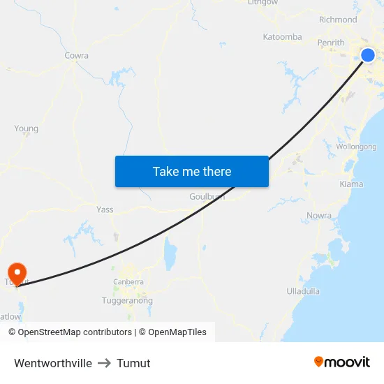 Wentworthville to Tumut map