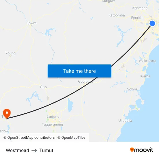 Westmead to Tumut map