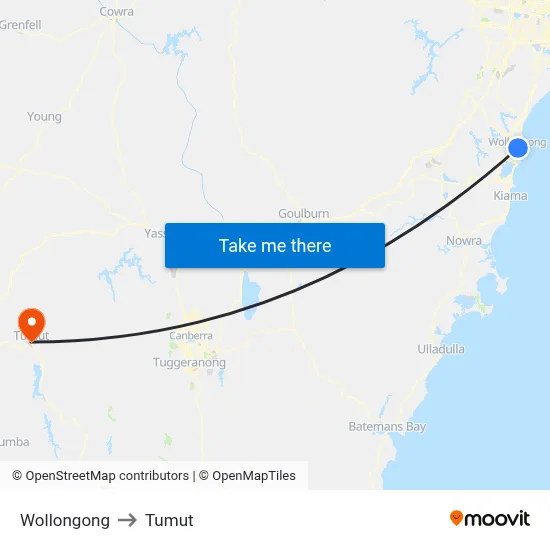 Wollongong to Tumut map