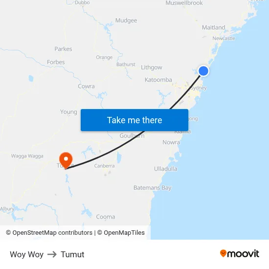Woy Woy to Tumut map